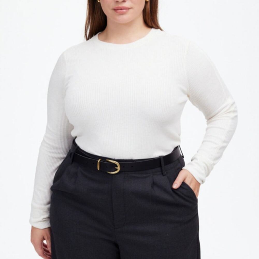 Madewell Ribbed Crewneck Long-Sleeve Tee WMNS S Heather Cream Stretchy Pullover